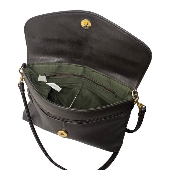 Genuine Leather Crossbody Shoulder Bag Flap Front Brown Gold Detachable Strap - Picture 2 of 12